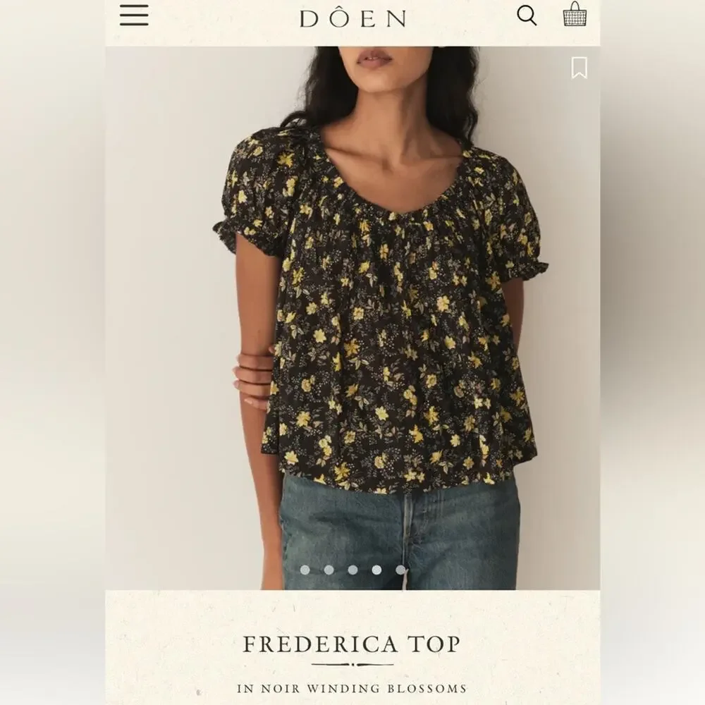 Doen Frederica Cotton Floral Puff Short Sleeve Blouse Top Winding Blossom